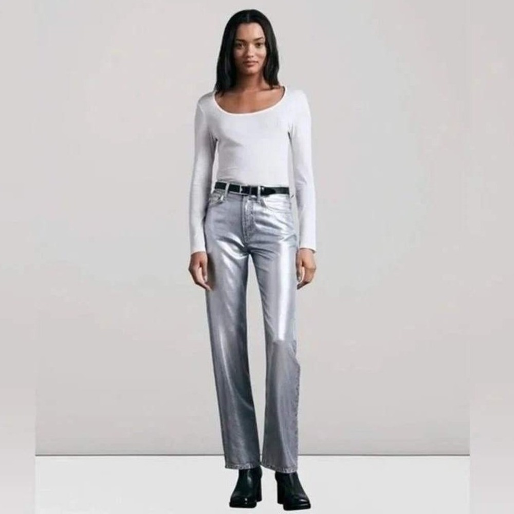 NWT Rag & Bone Alex Liquid High Rise Straight Pants Luna Silver Metallic 30 $425